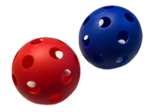 Image of two NECTAR: one red and one blue plastic ball with holes.